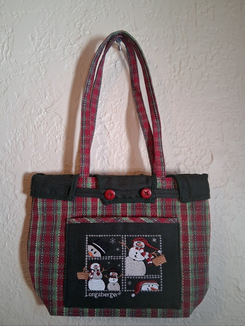 Longaberger Red Plaid Snowman Tote Bag for Holidays